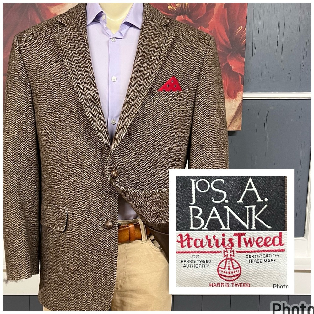 Harris Tweed Blazer Sport Coat Mens 42R Speckled Brown Herringbone Jos A Bank